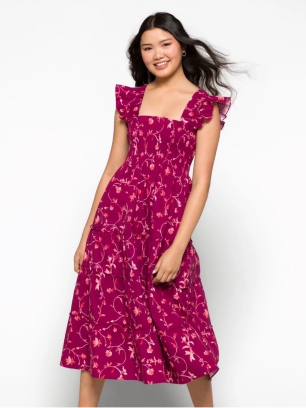 Hill House Home Ellie Nap Dress Burgundy Botanical Floral Smocked Midi Prairie